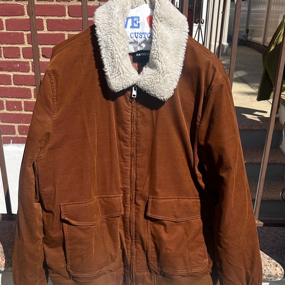 Express Brown Bomber Jacket with Shearling Collar